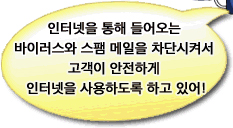 인터넷을 통해 들어오는 바이러스와 스팸 메일을 차단시켜서 고객이 안전하게 인터넷을 사용하도록 하고있어!