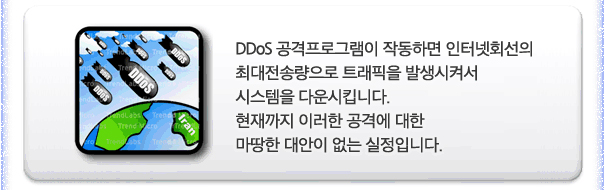 DDOS 공격프로그램이 작동하면 인터넷회선의 최대전송량으로 트래픽을 발생시켜서 시스템을 다운시킵니다. 현재까지 이러한 공격에 대한 마땅한 대안이 없는 실정입니다.